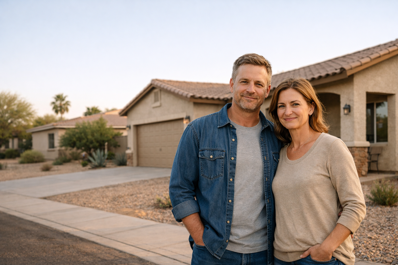 Phoenix-area homeowners standing outside a suburban home