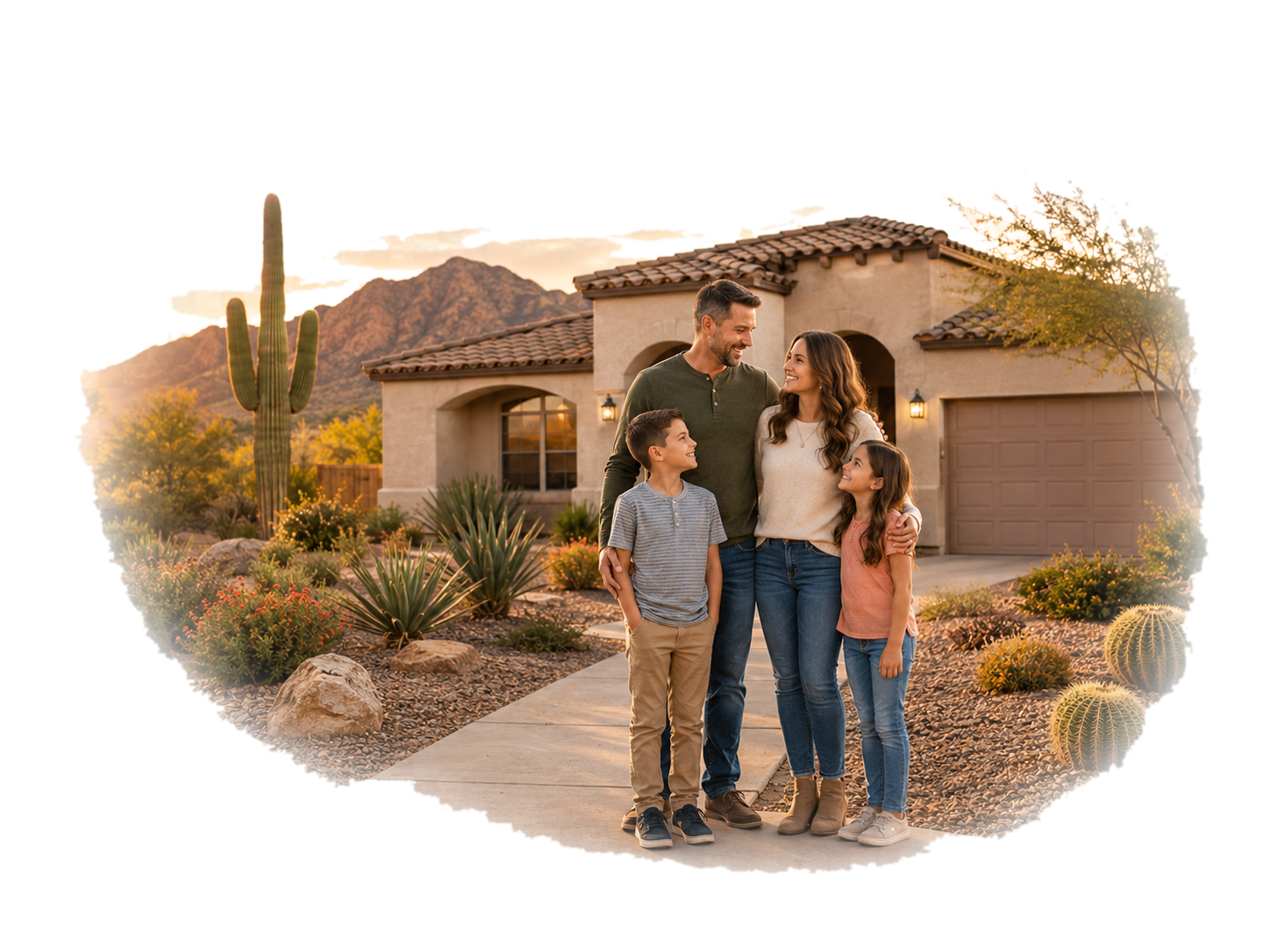Happy Phoenix-area homeowners standing in front of a sold home