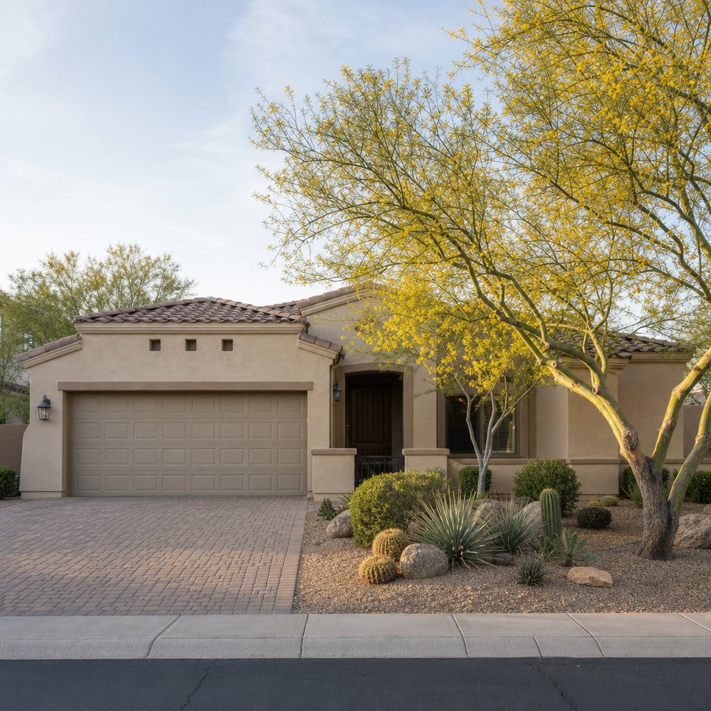 A single-story stucco home with a palo verde tree in bloom on a quiet Phoenix-area street