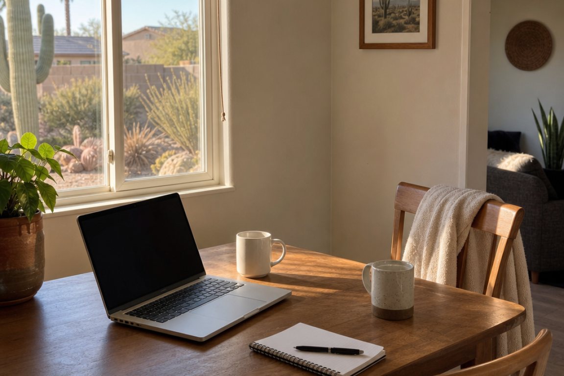 A kitchen table with a laptop, a notepad, and coffee in warm morning light