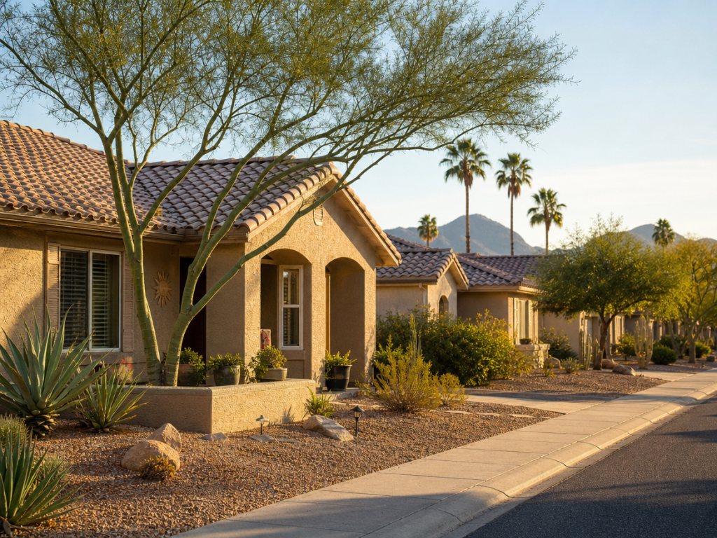 A quiet Phoenix neighborhood street of single-story stucco homes with desert landscaping