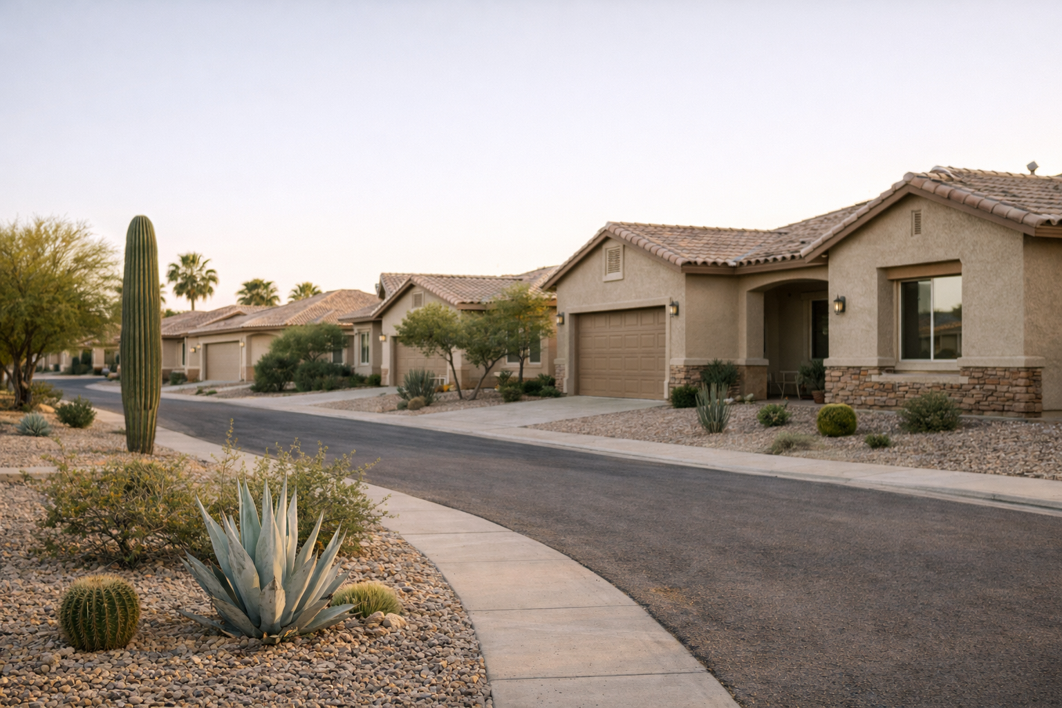 Quiet Phoenix metro neighborhood with desert landscaping